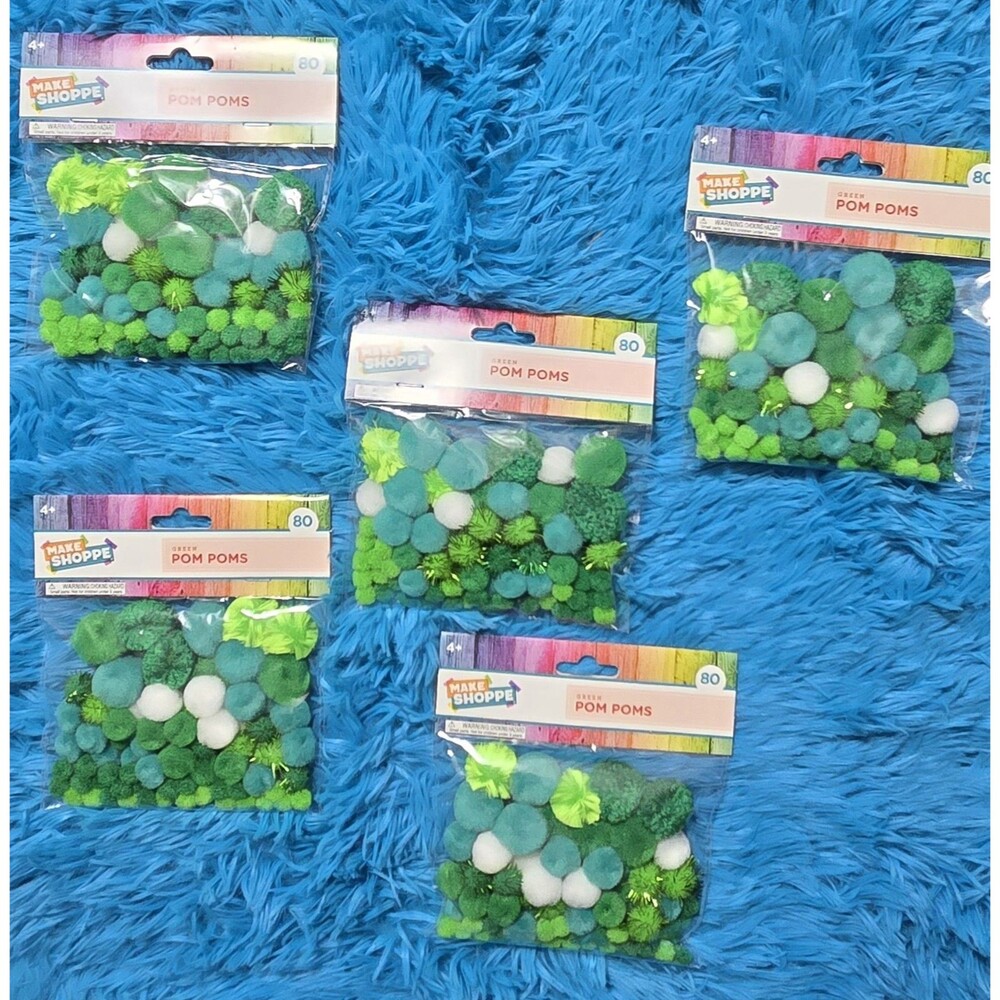 Make Shoppe Pom Poms Fun Lot Bundle For Crafters 5 Packs Of 80ct Green Assorted